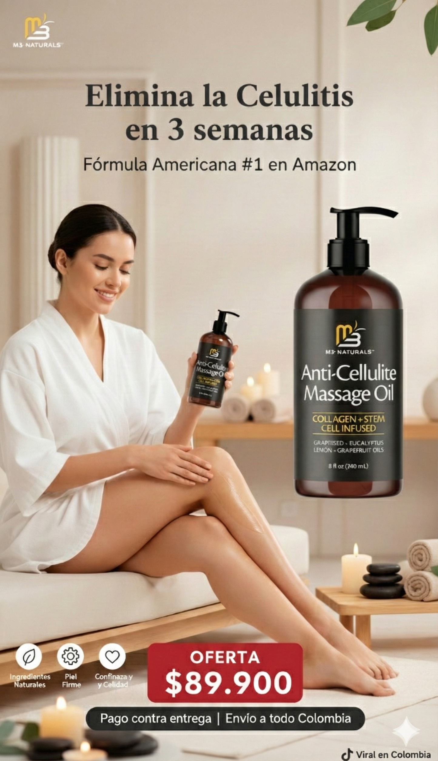 M3 Naturals® Aceite Anticelulitis con Colágeno y Células Madre